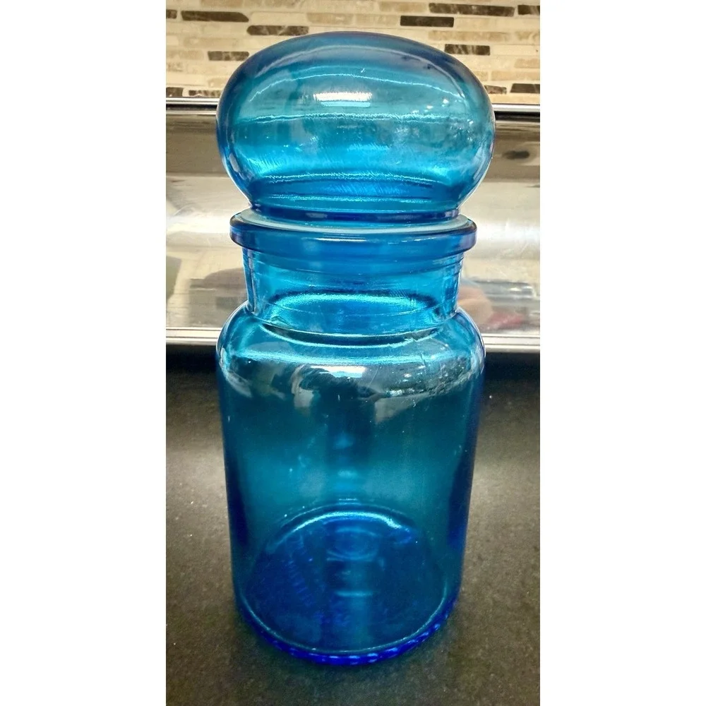Vintage Blue Apothecary Glass Jar Bubble Lid Canister 8.75